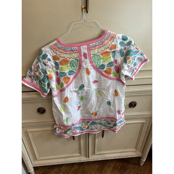 Gretchen Scott Embroidered White Colorful Cotton Tunic Blouse Cotton Preppy Sm - Picture 5 of 7